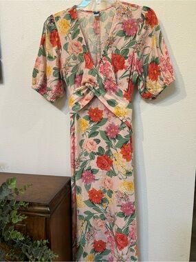 Old Navy Pink Floral Puff-Sleeve Wrap Maxi Dress